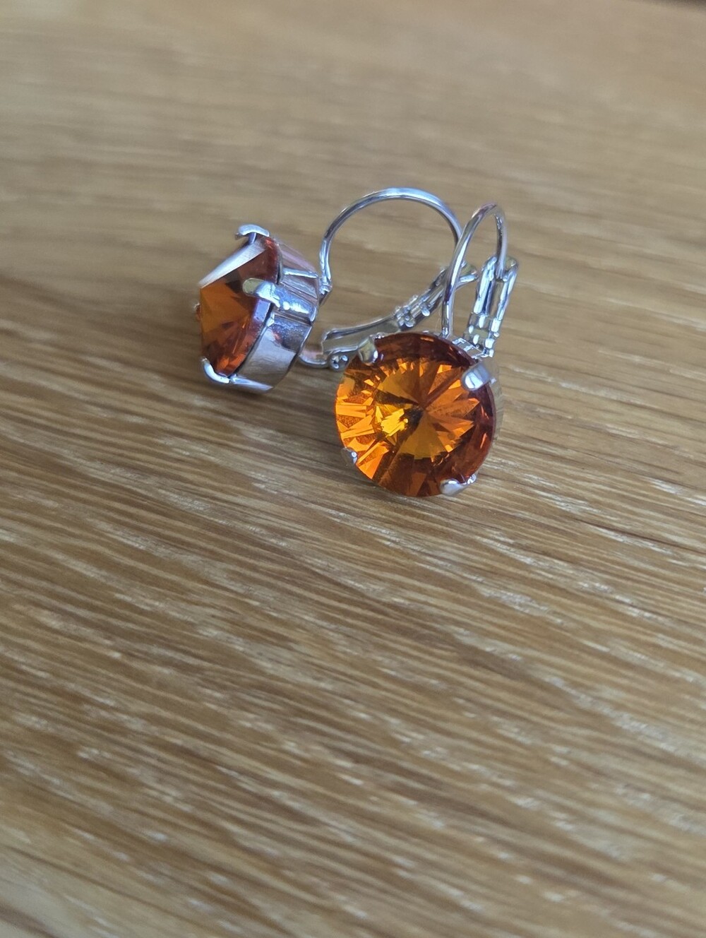 Silver Leverback Earrings with Amber Crystal Drops | Handmade - Picture 2 of 9
